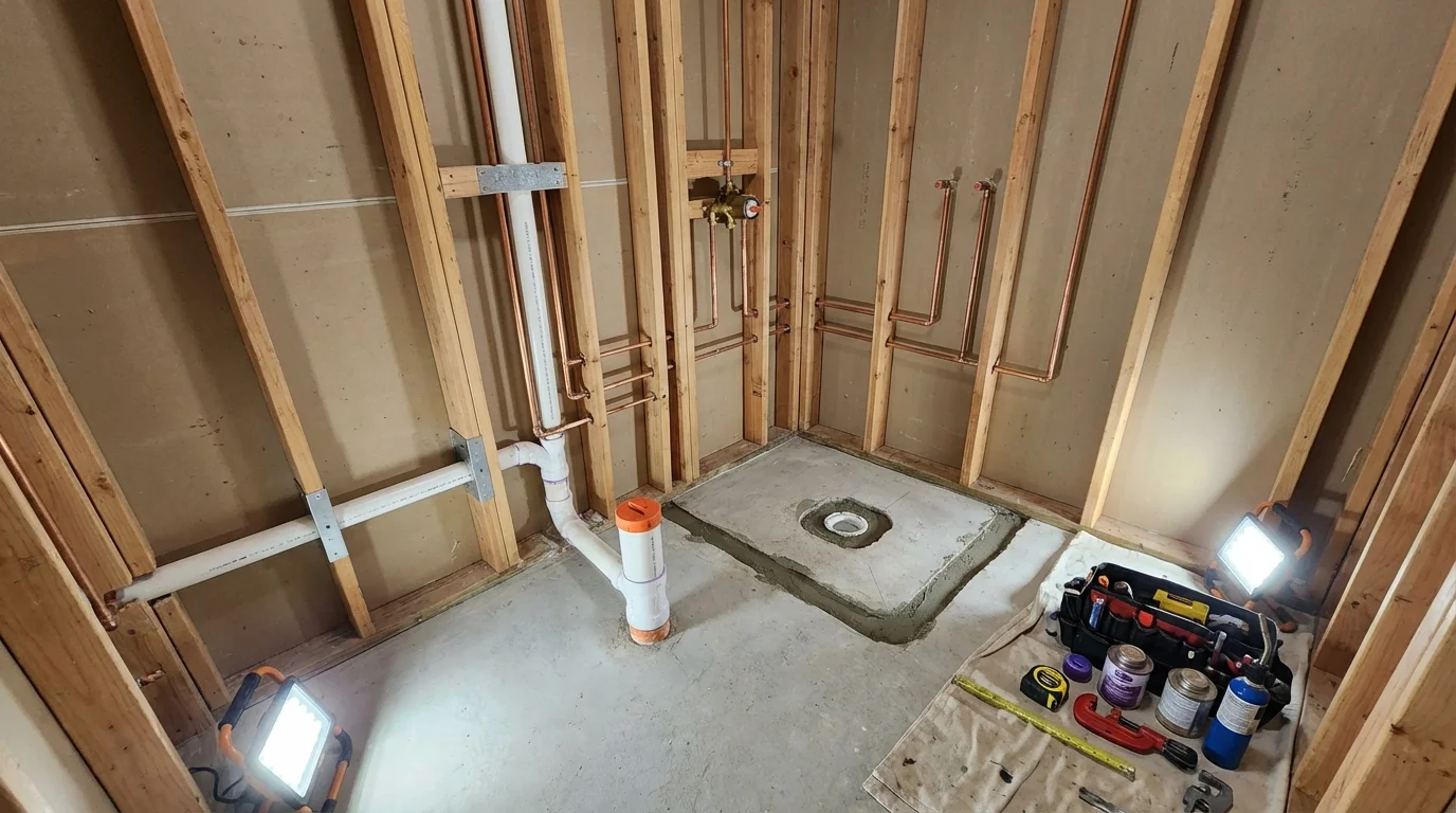 Bathroom rough-in plumbing during remodel by Johns Plumbing LLC in Mentone