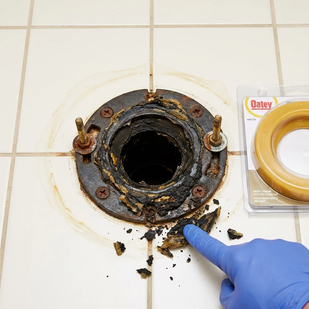 Failed wax ring showing water seepage at the base of a toilet in a Mentone, TX home