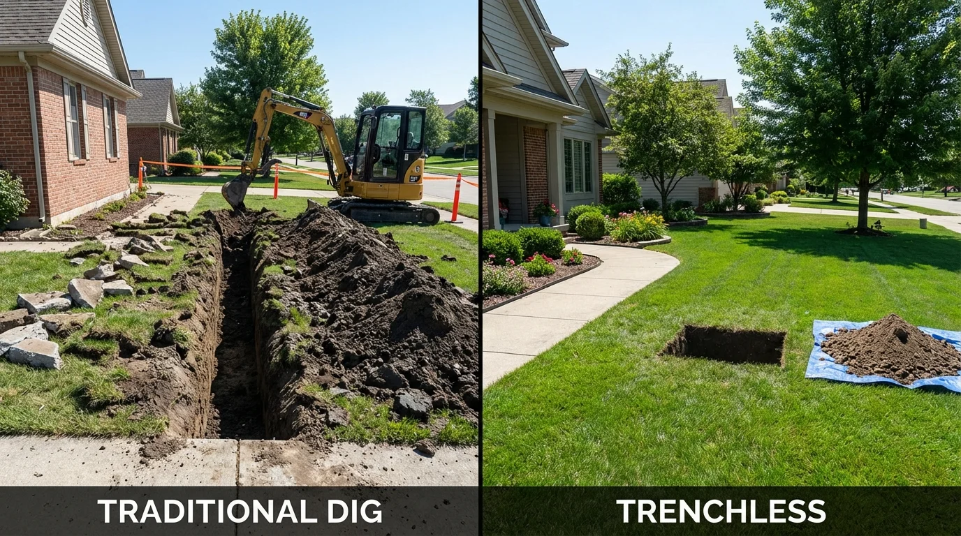 Trenchless sewer repair with minimal yard damage versus traditional excavation in Mentone, TX