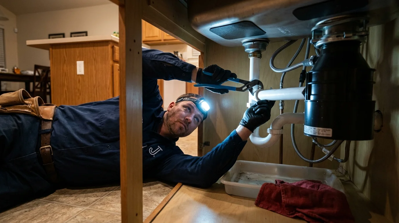 P-trap and supply line connections under a kitchen sink showing a common leak point in Mentone, TX